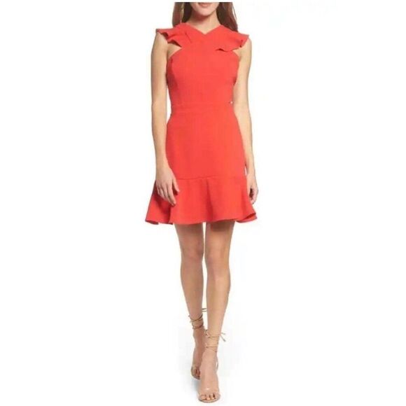 Chelsea 28 Women's MEDIUM Red Cut-Out Ruffle Fit & Flare Dress - Picture 3 of 12